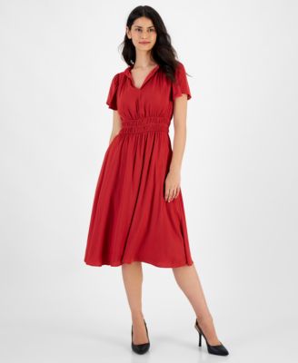 T Tahari - Women's Smocked-Waist Short-Sleeve Dress