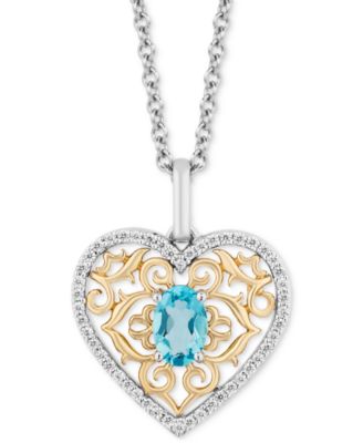 Disney Enchanted Vault - Swiss Blue Topaz (5/8 ct. t.w.) & Diamond (1/6 ct. t.w.) Filigree Heart Pendant Necklace in Sterling Silver & 10k Gold, 16" + 2" extender