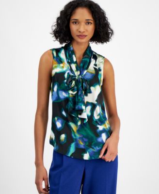 Bar III - Women's Sleeveless Printed Tie-Neck Blouse