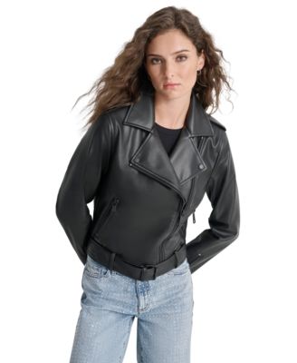 DKNY Jeans - Petite Faux-Leather Belted-Hem Moto Jacket