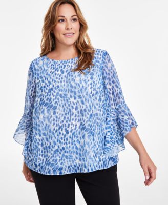 Kasper - Plus Size Printed Ruffled-Cuff 3/4-Sleeve Blouse