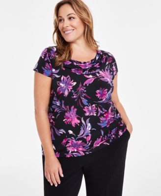 Kasper - Plus Size Floral-Print Cowlneck Short-Sleeve Blouse