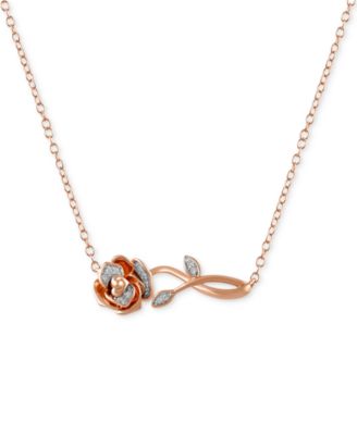 Disney Enchanted Vault - Diamond Belle Rose & Stem Pendant Necklace (1/20 ct. t.w.) in Rose Gold-Plated Sterling Silver, 16" + 2" extender