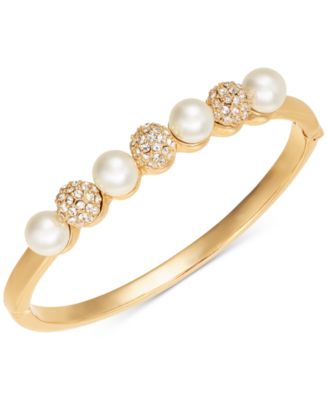 Charter Club - Gold-Tone Pav&eacute; Fireball & Imitation Pearl Bangle Bracelet