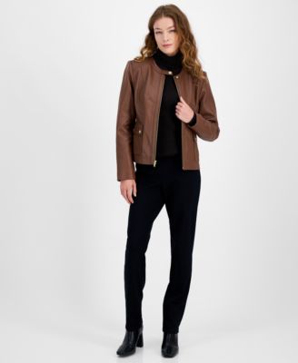 Cole Haan - Petite Leather Woven Shoulder Coat