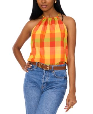 1.STATE - Women's Plaid Sleeveless Halter Tie-Back Blouse