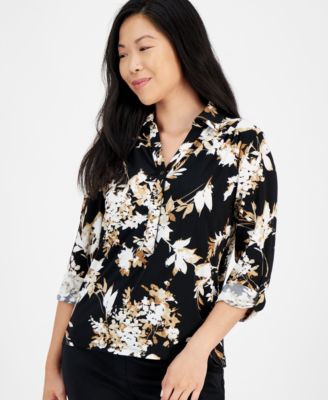 AK Anne Klein - Petite Printed Split-Neck Roll-Tab-Sleeve Top