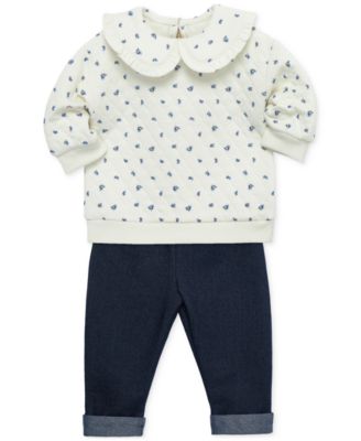 Little Me - Baby Floral-Patterned Quilted Sweatshirt & Knit Denim Pants, 2 Piece Set