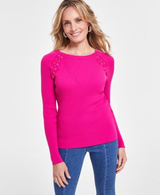 I.N.C. International Concepts - Women's Lace-Up Ribbed-Knit Sweater