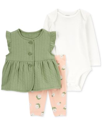 Carter's - Baby Girls Double-Knit Little Vest, Long-Sleeve Bodysuit & Flower-Print Pants, 3 Piece Set