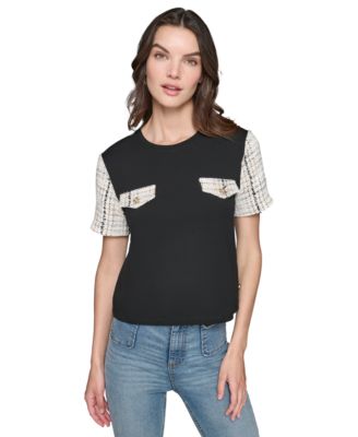 KARL LAGERFELD PARIS - Women's Short-Sleeve Tweed Pocket Top