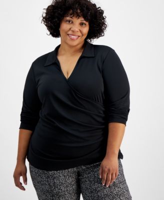 I.N.C. International Concepts - Plus Size Collared Faux-Wrap Top