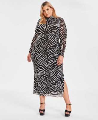 Bar III - Trendy Plus Size Zebra-Print Mock-Neck Mesh Dress