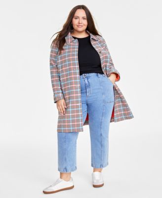 On 34th - Trendy Plus Size Plaid-Print Long-Sleeve Car Coat