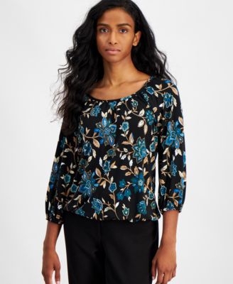 AK Anne Klein - Petite Floral-Print 3/4-Sleeve Top