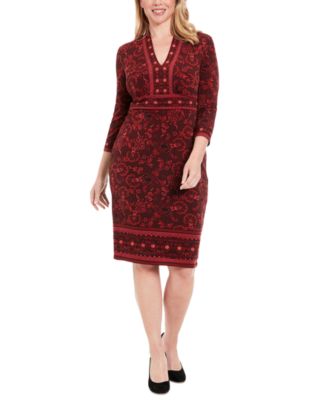 London Times - Women's Placed Print 3/4-Sleeve Jersey Sheath Dress