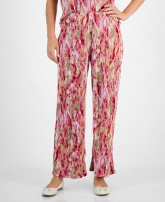 JM Collection - Women's Floral-Print Pliss&eacute; Wide-Leg Pants