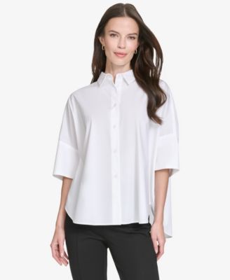 Halston - Women's Cotton Dolman-Sleeve Hi-Low Shirt