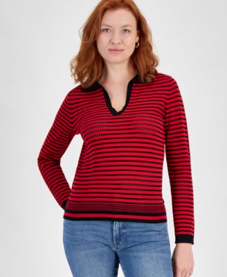 Nautica Jeans - Women's Textured-Stripe Johnny-Collar Sweater