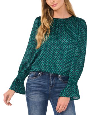 CeCe - Women's Printed Smocked-Cuff Blouse