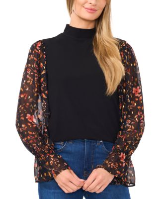 CeCe - Women's Mixed-Media Mock Neck Top