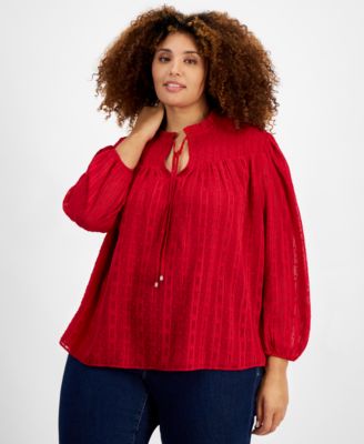 Tommy Hilfiger - Plus Size Clip-Dot Tie-Neck Smocked-Yoke Top