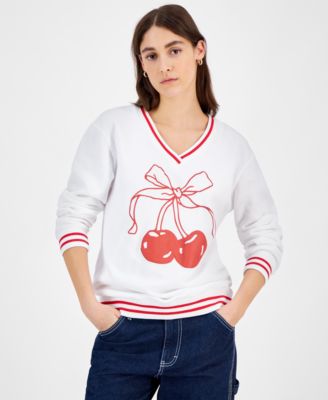 Love Tribe - Juniors' Cherry Bow Striped-Trim Sweater
