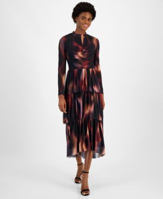 Anne Klein - Women's Printed Mock Neck Tiered Midi Dress