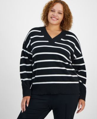 On 34th - Trendy Plus Size Striped V-Neck Long-Sleeve Sweater