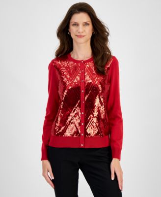 JM Collection - Women's Sequined Button-Down Party Cardigan Sweater