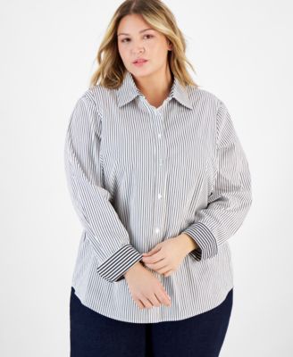 Anne Klein - Plus Size Cotton Striped Long-Sleeve Blouse