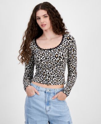 Just Polly - Juniors' Ribbed Lace-Trim Scoop-Neck Top