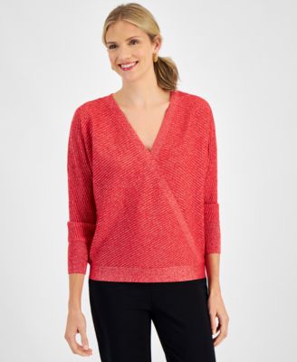 JM Collection - Women's Faux-Wrap Long-Sleeve Sparkle Sweater