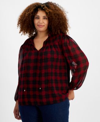 Tommy Hilfiger - Plus Size Plaid Tie-Neck Smocked-Yoke Top