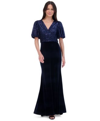 Eliza J - Women's Sequined Velvet Puff-Sleeve Gown