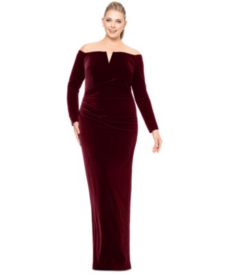 XSCAPE - Plus Size Velvet Notch-Neck Off-The-Shoulder Gown
