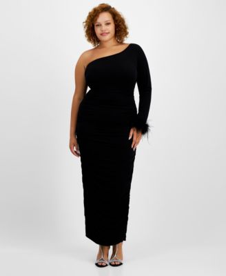 City Studios - Trendy Plus Size One-Shoulder Feather-Cuff Gown