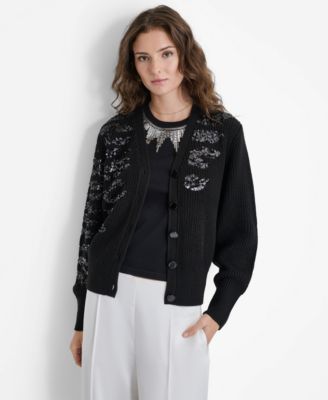 DKNY - Women's Animal-Sequin Rib-Knit Button-Up Cardigan