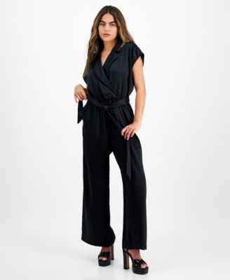Bar III - Petite Crossover-Front Belted Cap-Sleeve Jumpsuit