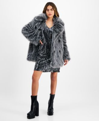 Bar III - Petite Faux-Fur Collared Snap-Front Coat