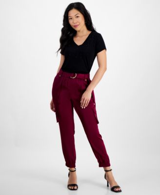 I.N.C. International Concepts - Women's High-Rise Belted Satin Cargo Pants