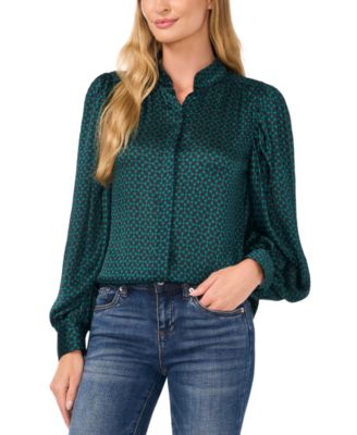 CeCe - Women's Geo-Print Open-Collar Hidden-Placket Blouse