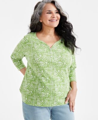 Style & Co - Plus Size Floral-Print 3/4-Sleeve Henley Top
