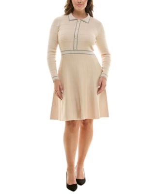 Taylor - Plus Size Border-Trim Collared Sweater Dress