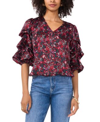 Vince Camuto - Women's Printed V-Neck Tiered-Sleeve Blouse