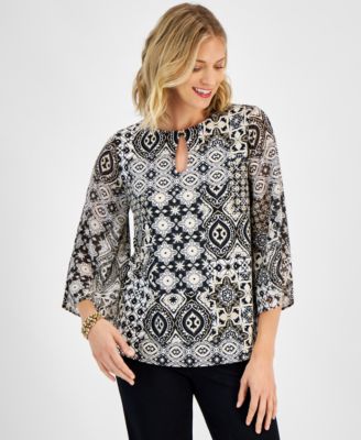 JM Collection - Women's Printed Keyhole 3/4-Sleeve Top