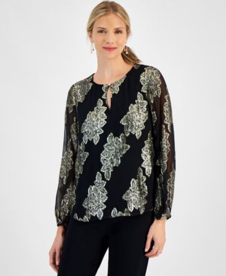 JM Collection - Women's Solid-Shine Keyhole Blouse