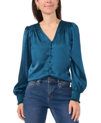 Sam & Jess - Petite V-Neck Smocked-Trim Long-Sleeve Top