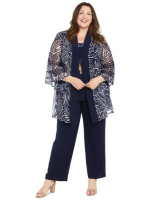R & M Richards - Plus Size Sheer Jacket, Sleeveless Top and Pants Set