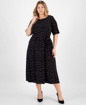 Kasper - Plus Size Dot-Print Round-Neck Fit & Flare Dress